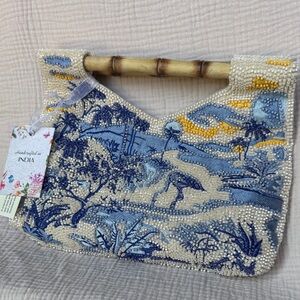 Artisan Blue and Beige Beaded Tote